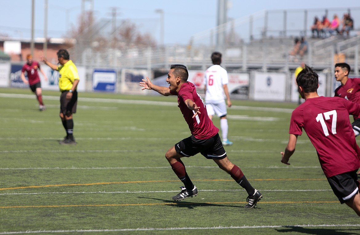 Jesus Taboada can do nothing but smile after scoring the go-ahead goal for Moses Lake in the second half at Lions Field on Saturday afternoon.
