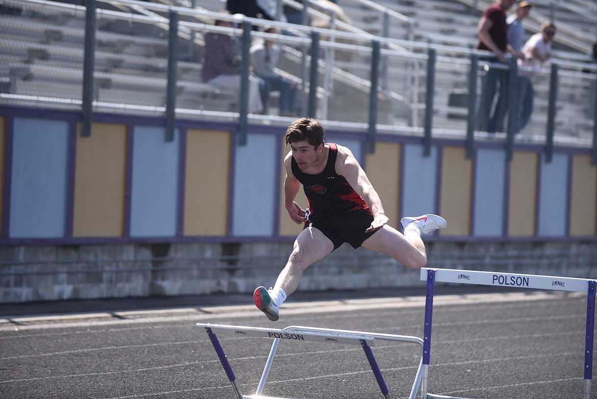 St. Regis Tigers hurdler Kyle Lawson, shown here in Polson, swept the 110 and 300-meter hurdles at last week's Thompson Falls Invitational. (Scott Shindledecker/Valley Press)