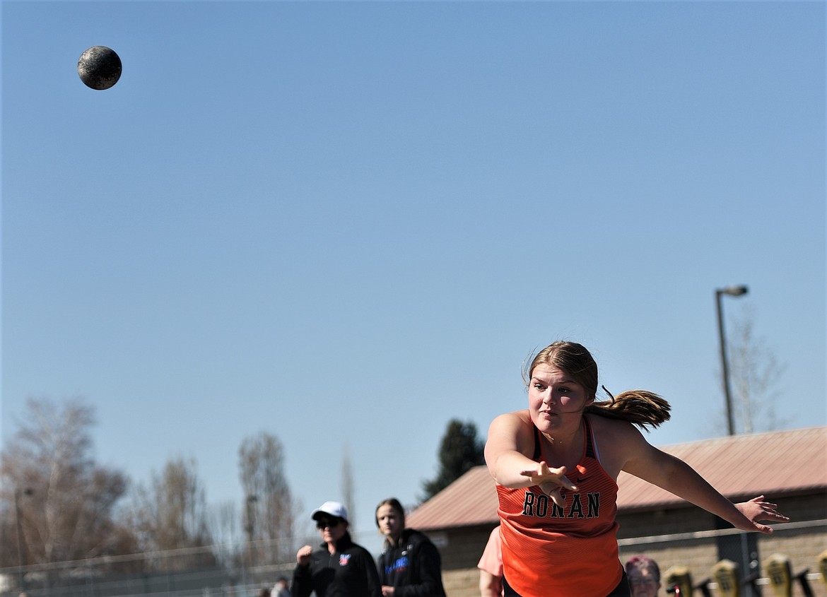 Jaylea Lunceford of Ronan finished fifth in the girls shot put with a throw of 29 feet 2 inches. (Scot Heisel/Lake County Leader)