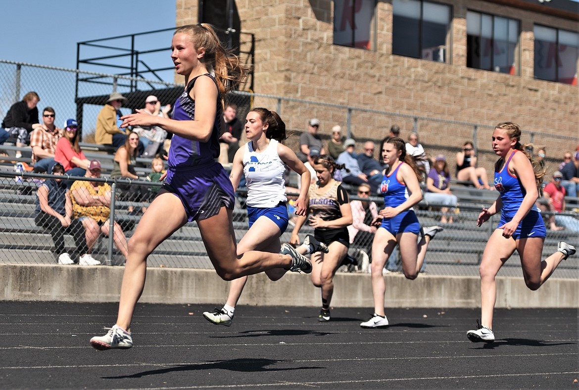 Carlee Fryberger of Charlo leads the way in the girls 100 meters Saturday at Ronan. Fryberger won the event with a time of 13.16 seconds. (Scot Heisel/Lake County Leader)