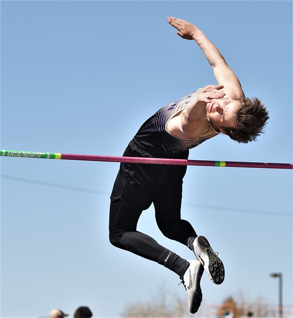 Jarrett Wilson of Polson cleared 5 feet 10 inches in the high jump Saturday for a third-place finish. (Scot Heisel/Lake County Leader)