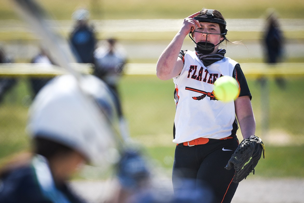 Flathead pitcher Ilyssa Centner (4) works in the first inning against Glacier during the first game of a crosstown doubleheader at Kidsports Complex on Tuesday. (Casey Kreider/Daily Inter Lake)