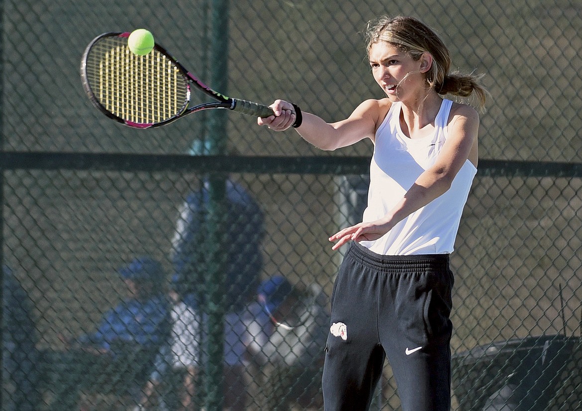 Lady Bulldog Anyah Cripe plays in a doubles match with partner Emma Trieweiler against Havre on Saturday at FVCC. (Whitney England/Whitefish Pilot)
