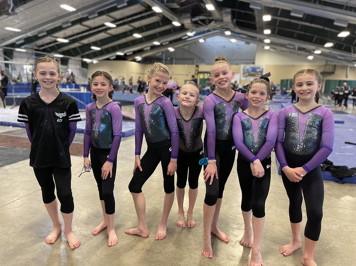 Courtesy photo
Avant Coeur Gymnastics Level 6s in Helena, Mont., at the 2021 Region 2 Championships. From left are Claire Traub, Georgia Carr, Kyler Champion, Piper St John, Avery Hammons, Callista Petticolas and Sophia Elwell.