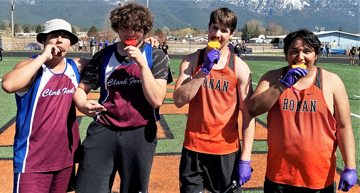 The combined Ronan/Clark Fork boys throwing relay team enjoys Dilly Bars after their victory in Ronan on Saturday. (Courtesy of Ronan High School)