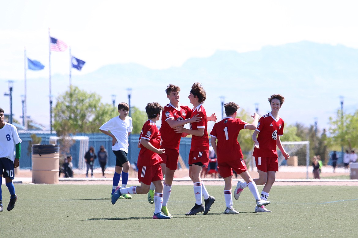 Photo courtesy HEIDI JUMP
Timbers North 06 Boys Red players celebrate their 4-1 win vs. Nevada Players SC 06B Academy at the Players Showcase last weekend in Las Vegas. From left, Henry Barnes, Bryant Donovan, Ben Hannigan-Luther, Connor Jump and Jacob Molina. In game one, the Timbers lost 2-1 to Murrieta Surf MLS Reserve from California. Connor Jump scored the Timbers goal on a free kick in the second half to finish the scoring. The Timbers then won 4-1 vs. Players SC 06B Academy from Nevada. Haidyn Jonas, Jacob Molina, Bryant Donovan and Landon Miller each scored a goal in the win. Gavin Samayoa, Harper Barlow, Ben Hannigan-Luther and Noah Waddell each had assists. The Timbersl lost their last match, 1-0 against Strikers McManus out of California.