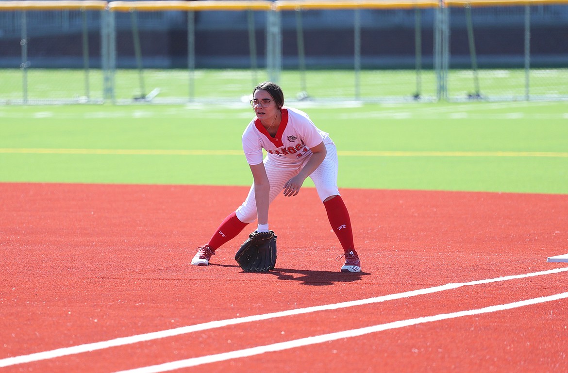 Kaylee Brackett stays prepared at first base on Tuesday.