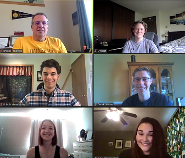 Top left to right, Brooke Frederick, Deegan Bator, Robbin Mensonides, Derek O’Brien, Bridget Kaldor and Delanie Vallely meet over Zoom on Tuesday afternoon as the Moses Lake High School Knowledge Bowl team gets set for their next competition on May 1.