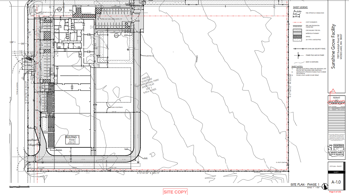 A blueprint for the Sunshine Grow Facility at 9897 Randolph Road NE in Moses Lake.