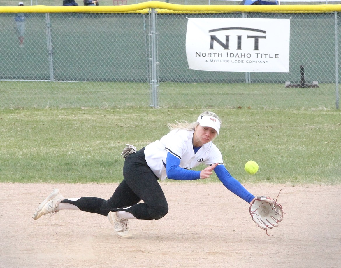 MARK NELKE/Press
Coeur d'Alene shortstop Alexis Blankenship dives for a ground ball Saturday at Lake City.