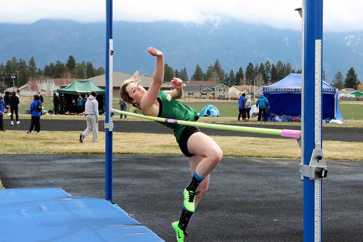 Sophia Zohrer competes in the high jump at the Iceberg Meet at Columbia Falls Saturday. (Greg Nelson photo)