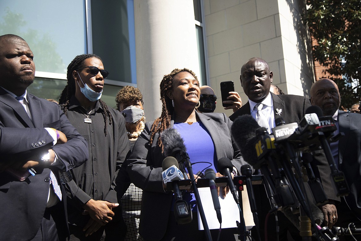 Attorney Chantel Cherry-Lassiter speaks outside the Pasquotank County Public Safety building in Elizabeth City, N.C. Monday April 26, 2021 after viewing 20 seconds of police body camera video. The family of Andrew Brown Jr. and their attorneys were shown the video 5 days after Brown was fatally shot by Pasquotank County Sheriff' deputies.