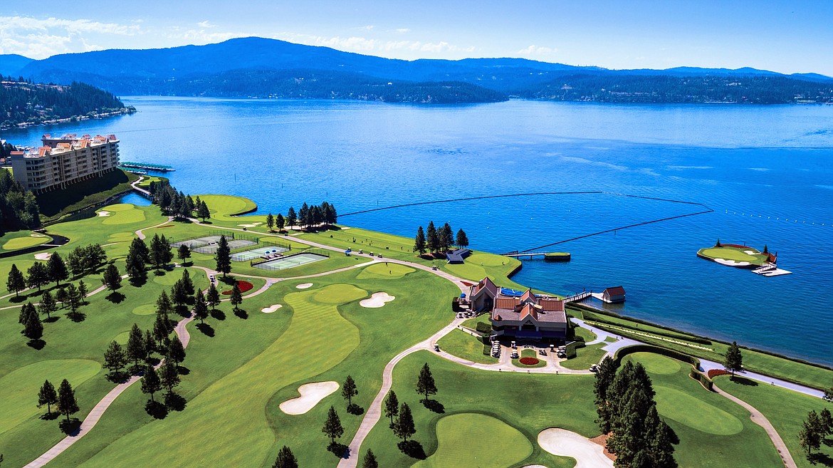 An aerial view of the Coeur d'Alene Resort golf course, with its floating island green.