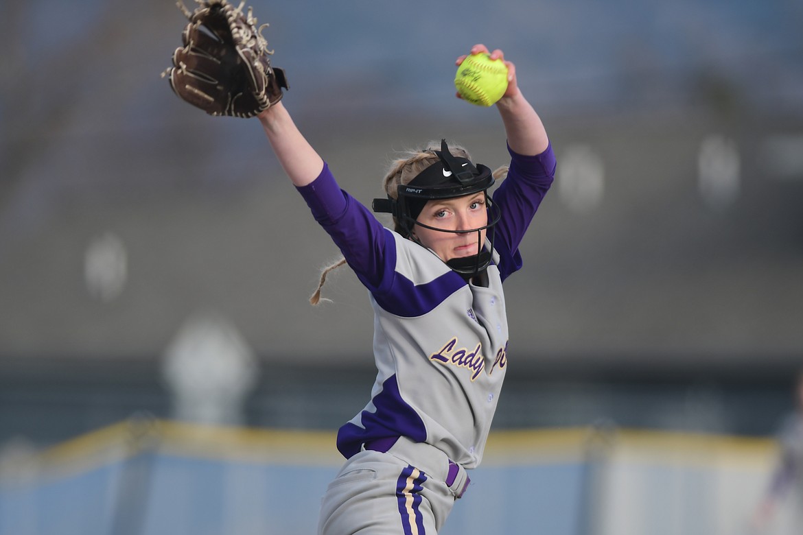 Katelyne Druyvestein winds up for a pitch against Columbia Falls. (Teresa Byrd/Hungry Horse News)