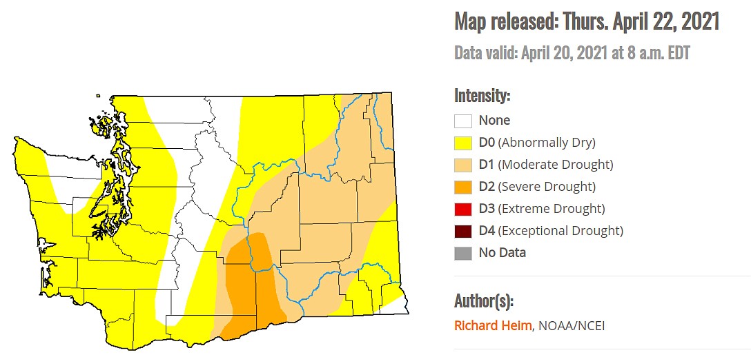 A drought map by the National Drought Mitigation Center showing severe drought in the Columbia Basin. The criteria for determining this is distinct from the state's formal drought declaration.