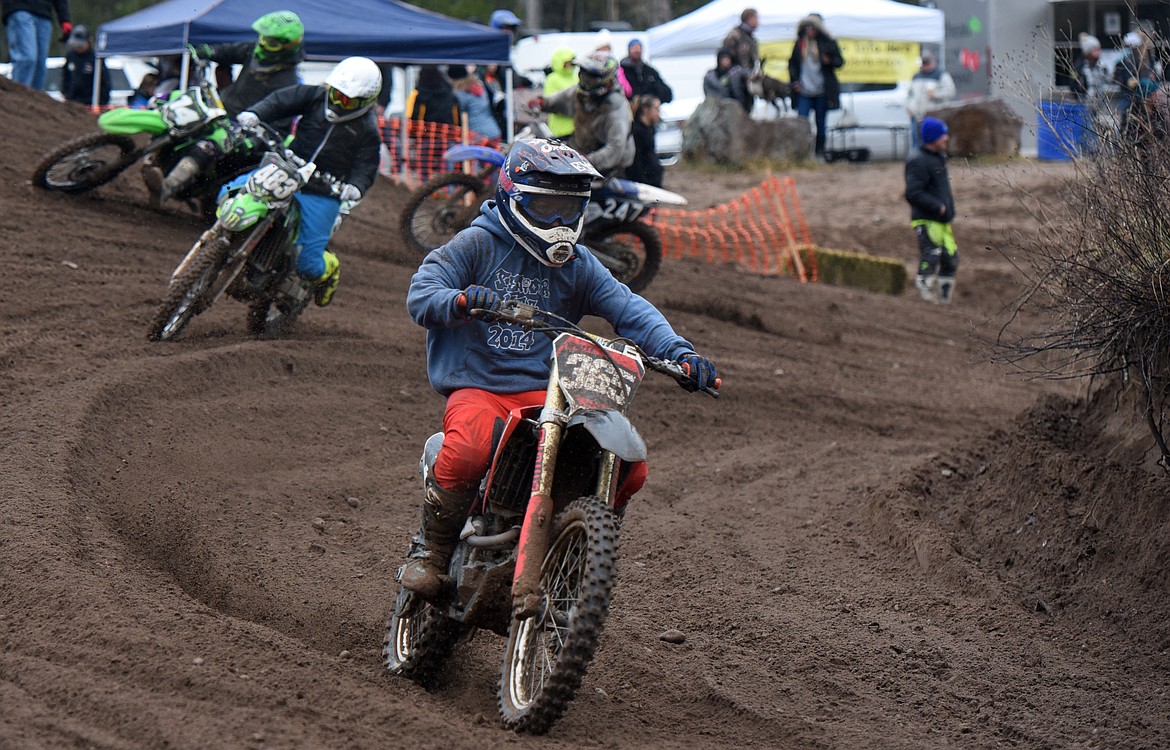 Shane Jones leads the pack during a first-lap turn at the Hungry Horse motocross races April 24. (Jeremy Weber/Daily Inter Lake)