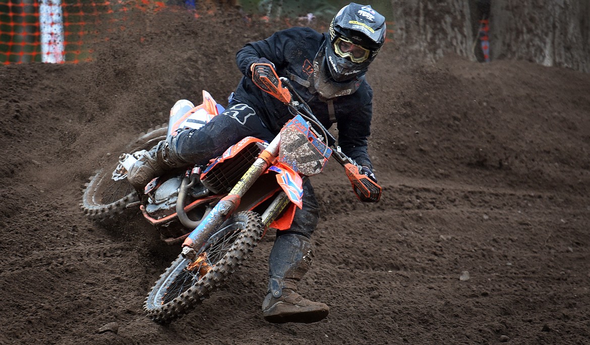 Barrett Giles navigates a turn during one of the afternoon motocross races in Hungry Horse April 24. (Jeremy Weber/Daily Inter Lake)