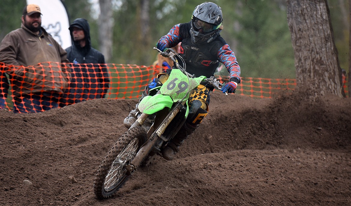 Joshua Miller takes a turn during the Hungry Horse motocross races April 24. (Jeremy Weber/Daily Inter Lake)