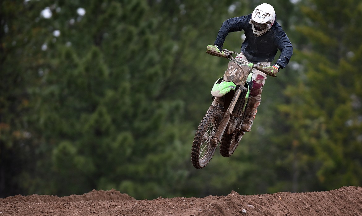 Open intermediate class winner Ruhne Lee takes to the air during the motocross races at the Hungry Horse OHV track April 24. (Jeremy Weber/Daily Inter Lake)