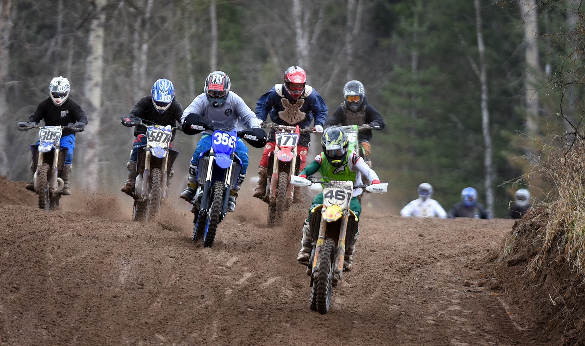 Racers fight for position leaving the starting line at the Hungry Horse motocross races April 24. (Jeremy Weber/Daily Inter Lake)