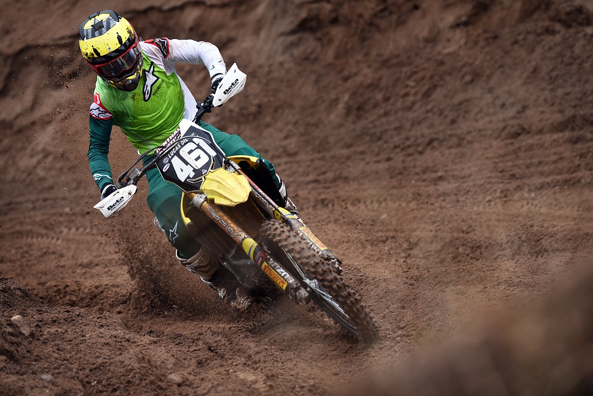 Thomas Richards makes a turn during day one action at the Hungry Horse motocross races April 24. (Jeremy Weber/Daily Inter Lake)