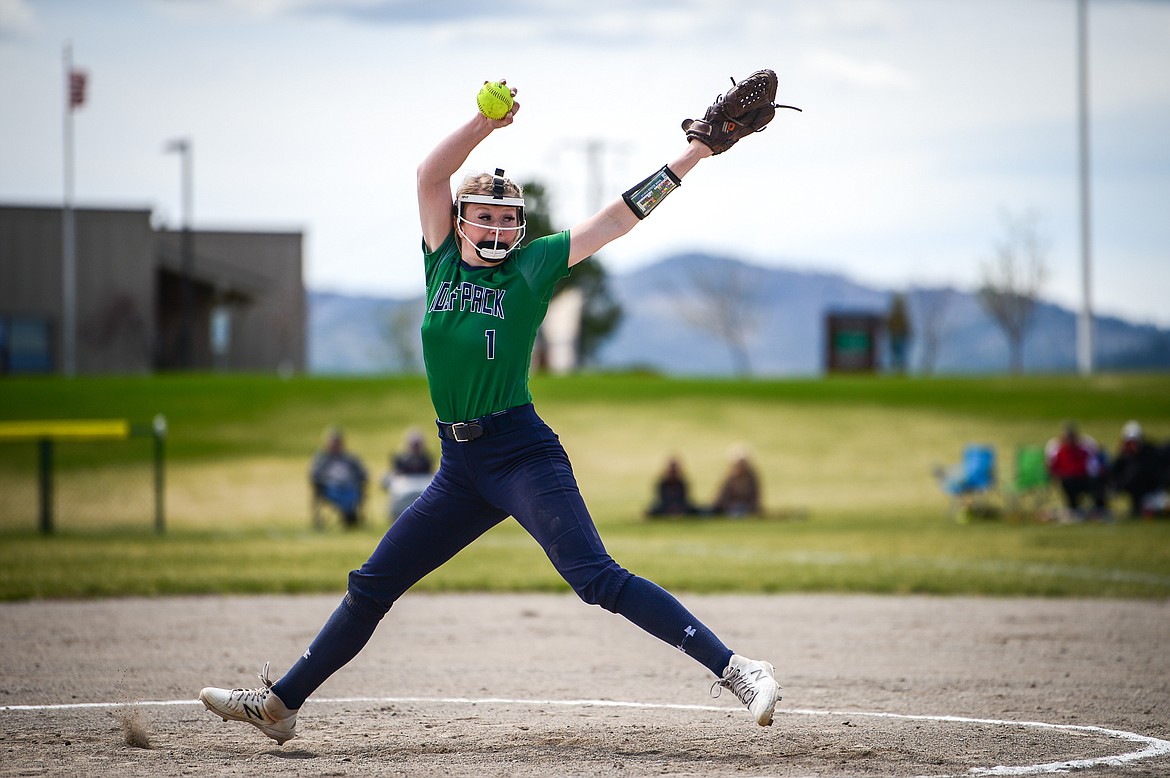 Glacier starting pitcher Kynzie Mohl (1) delivers against Helena High at Glacier High School on Saturday. (Casey Kreider/Daily Inter Lake)