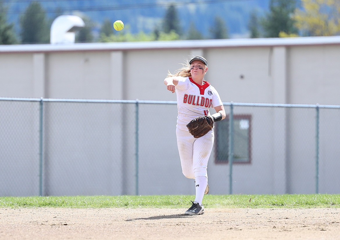 Senior Riley Cessna makes a throw to first to record an out during Saturday's game against Coeur d'Alene.