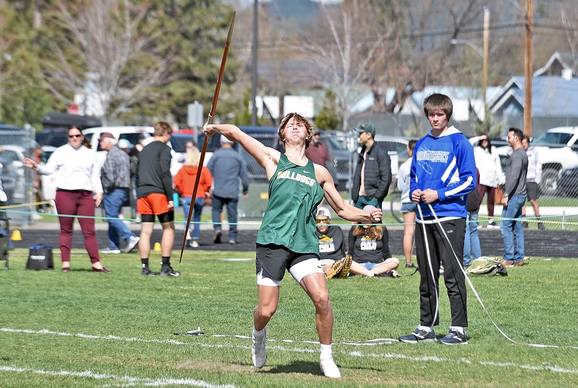 Whitefish's Jaxsen Schlauch participates in the boys javelin event at the Whitefish ARM track and field meet on Saturday. (Whitney England/Whitefish Pilot)