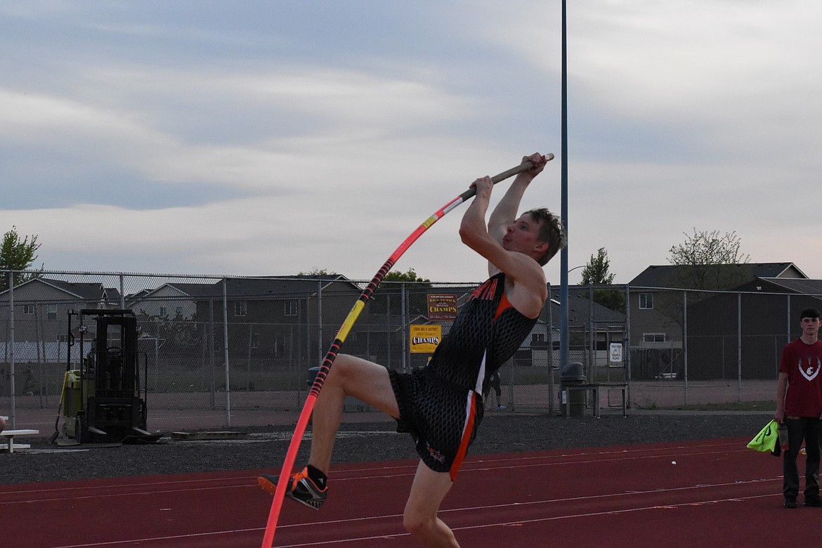 Ephrata High School's Luke Nelson vaults himself into the air at the track & field meet last Thursday afternoon at Moses Lake High School.