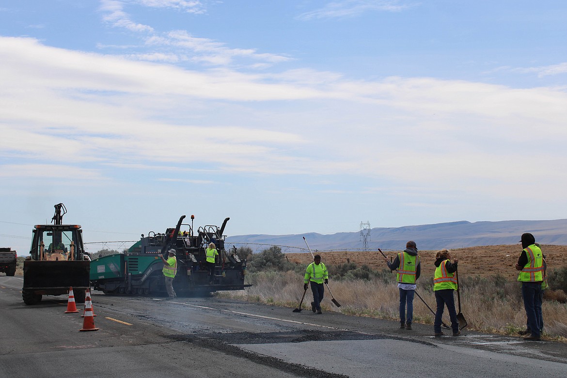 Central Washington Asphalt, Inc. laying new pavement between State Route 26 mileposts, east of Royal City, as part of the 2021 Strategic Pavement Preservation project.