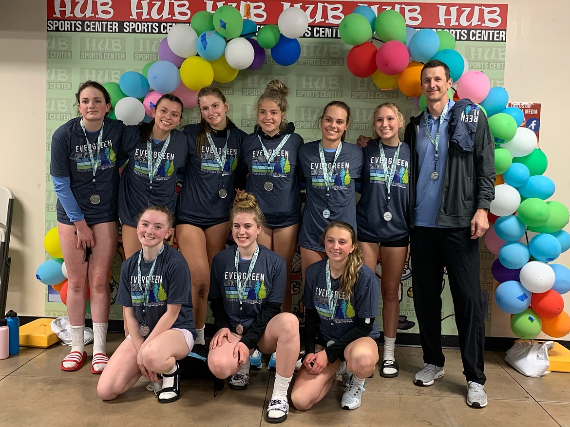 Courtesy photo
T3 U16 Elite placed second out of 32 teams in the ERVA Regional Championship volleyball tournament Sunday at the HUB Sports Center in Liberty Lake. In the front row from left are Hailey Wuolle, Maddie Brazee and Ellie Carlson; and back row from left, Sam Anderson-Jameson, Lauren Moody, Lindsay Stubbs, Addie Raebel, Mia Carrico, Karsyn Bowlin and coach Paul Baxter.