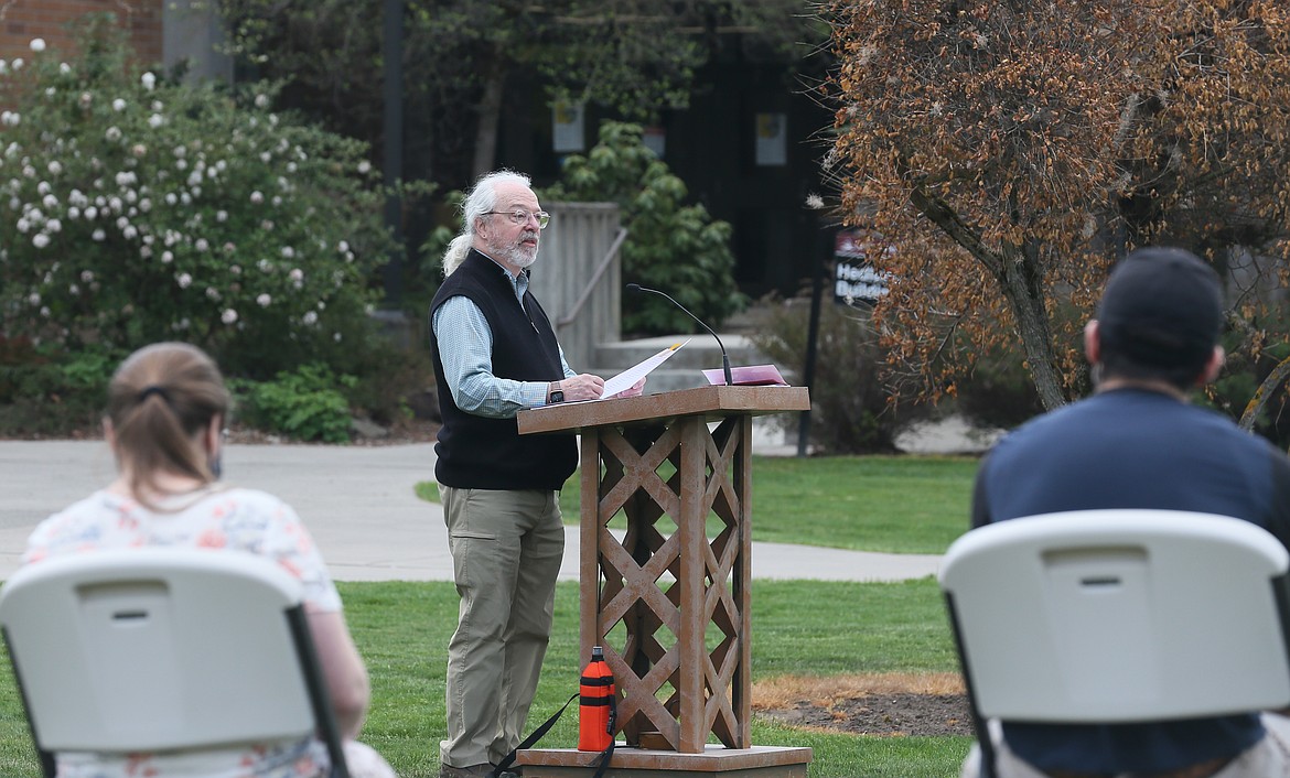 David Lewis Moore, Trestle Creek Review contributor and emeritus professor of indigenous literary studies and English, reads a few of his works Tuesday at North Idaho College.