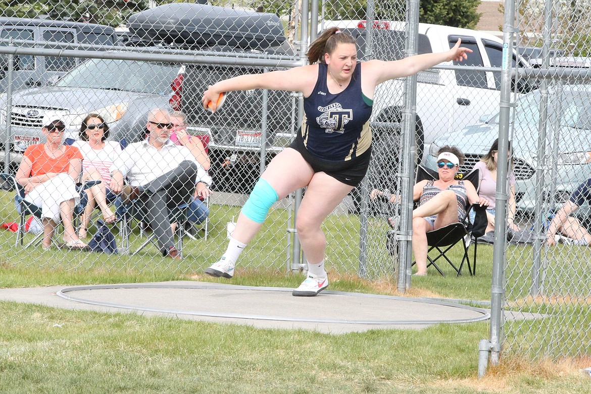 JASON ELLIOTT/Press
Timberlake senior Blayre Jeffs makes her attempt during the discus finals at the District 1 All-Star Meet at Post Falls High. Jeffs won the event with a throw of 133 feet, 5 inches.