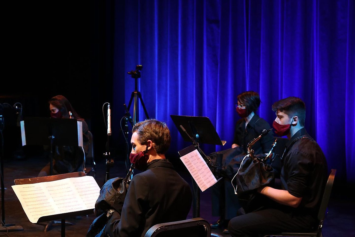 NIC Sax Quintet coached by associate music professor and director of bands Bryan Hannaford performs in a recording session on March 3. The virtual musical showcase is Sunday at 4 p.m. and Wednesday at 7 p.m. (Photo courtesy of NIC Sentinel)