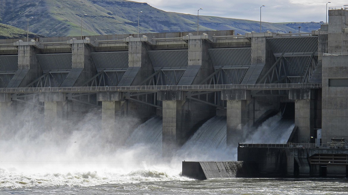 FILE - In this April 11, 2018, file photo, water moves through a spillway of the Lower Granite Dam on the Snake River near Almota, Wash. Some Republican members of Congress from the Northwest are accusing a GOP Idaho lawmaker of conducting secret negotiations with the Democratic governor of Oregon over a controversial proposal to breach four dams on the Snake River to save endangered salmon runs. (AP Photo/Nicholas K. Geranios, File)