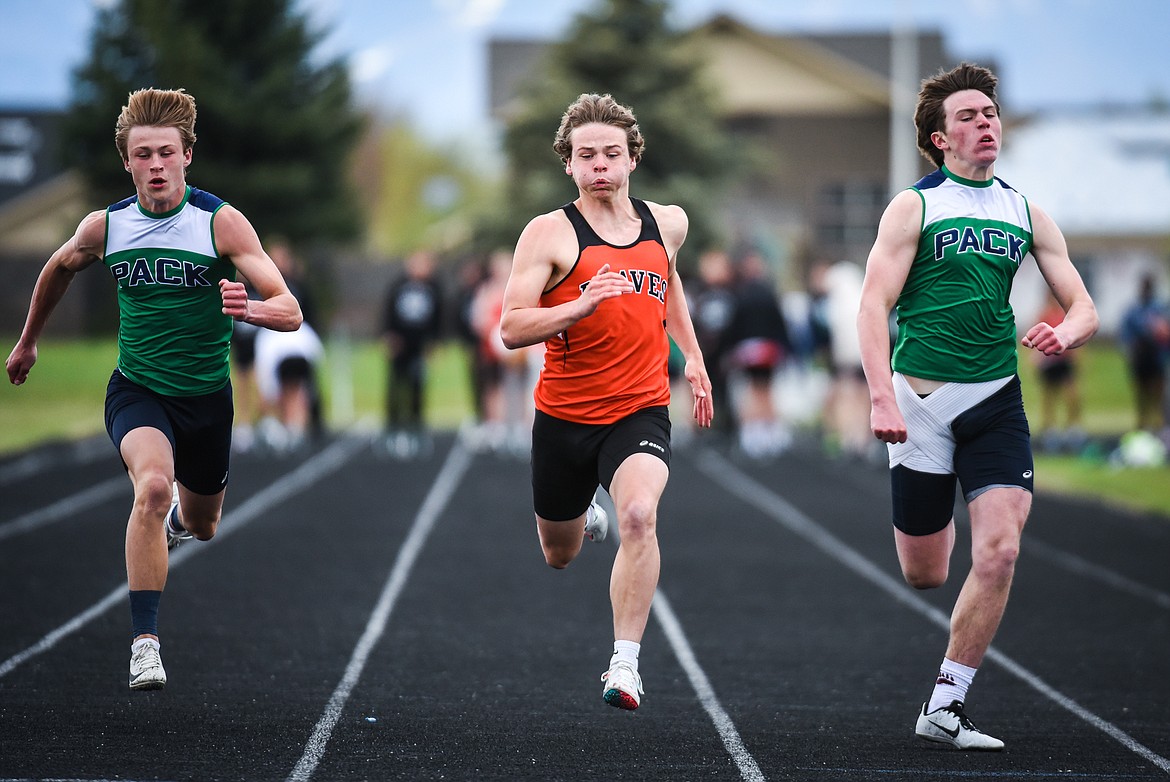 Flathead's Nate Prieto races to victory in the boys 100 meter dash during a crosstown meet with Glacier at Glacier High School on Friday. (Casey Kreider/Daily Inter Lake)