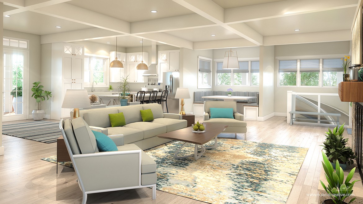 A rendering shows the grand room inside the Sunshine Factory, which features a large sitting area, kitchen and dining room, plus a slide leading to the downstairs play rooms. (Courtesy of Lori Williamson)