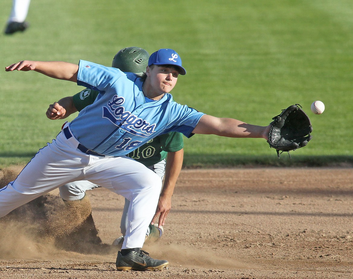 Throw from catcher Zane Brown to second baseman Kiye Jenkins is late, Mariner's Daniel Kelsch steals safely. Mariners over Loggers 26-2 in seven innings. (Paul Sievers/The Western News)