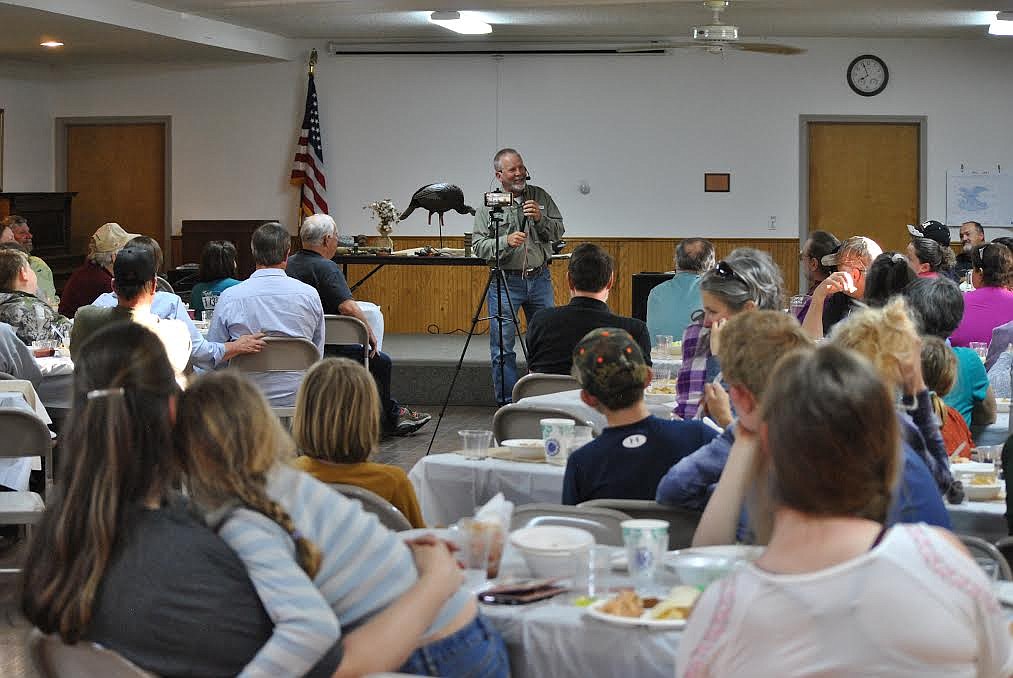 Matt Kelley called ducks, deer, geese, and turkeys during the wild game dinner at the St. Regis Community Center last Wednesday. Linda Thomas won a brand new fly rod from Joe Cantrell Outfitters and George Bailey was the lucky winner of a 12 gauge shotgun from Ponderosa Arms. (Amy Quinlivan/Mineral Independent)