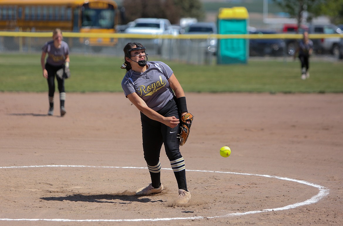 Makayla-Ortega Sanchez pitches in the circle for Royal High School on Senior Day Saturday afternoon against Okanogan High School in Royal City.