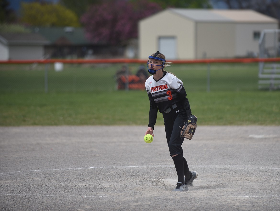 Plains-Hot Springs pitcher Piper Bergstrom delivers a pitch against Troy last Saturday. Bergstrom tossed a one-hit shutout in an 11-0 win. (Scott Shindledecker/Valley Press)