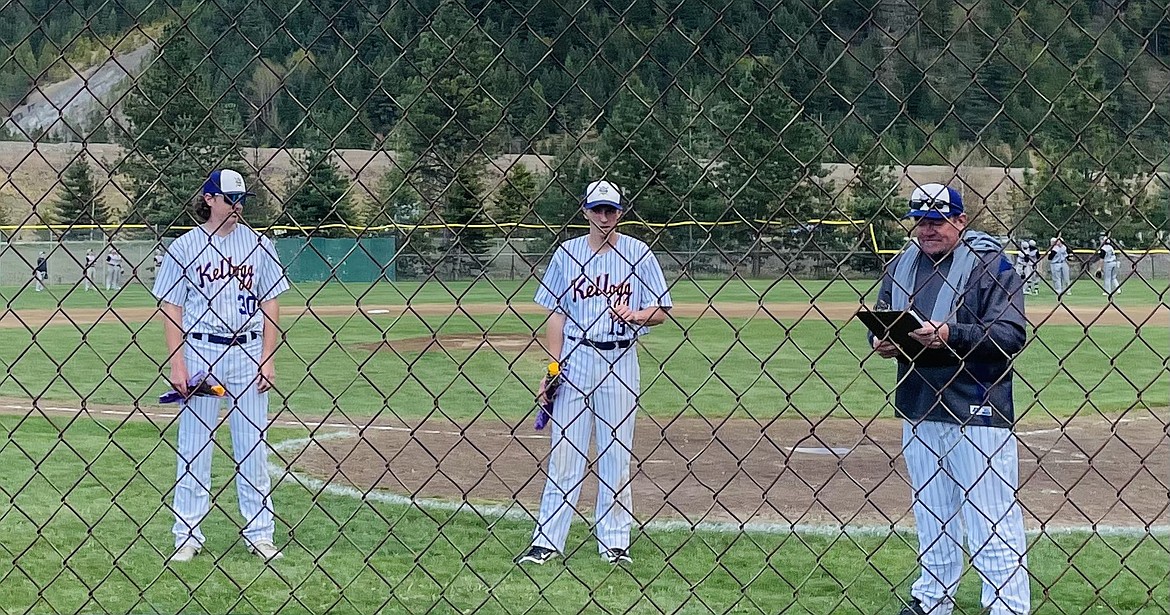 Kellogg High School Baseball Coach Nate Whatcott addresses his senior baseball players Logan Jerome (left) and Levi White during the Wildcats' senior night doubleheader against Timberlake.