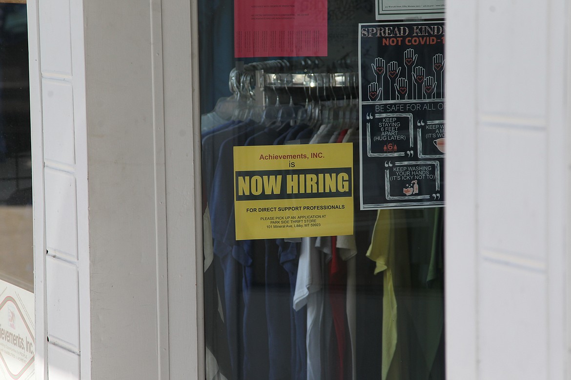 A hiring sign posted outside of Achievements Inc. In recent months, the unemployment rate has spiked in Lincoln County making it difficult for many local employers to find workers. (Will Langhorne/The Western News)
