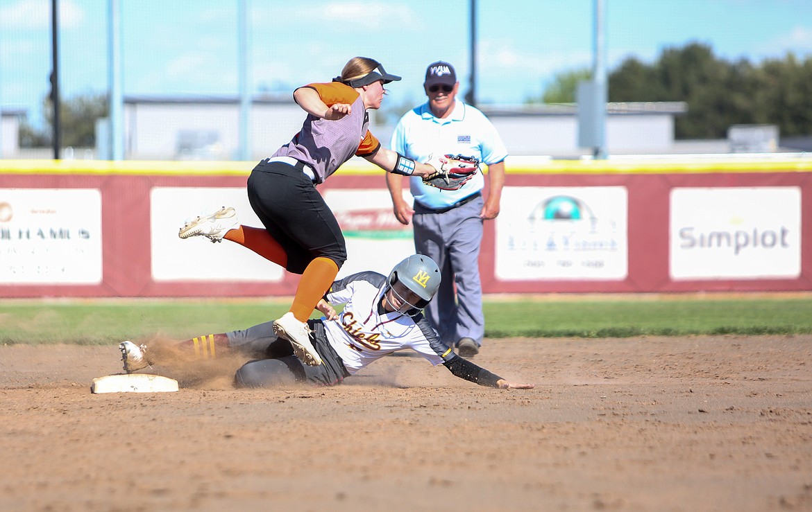 Ephrata's Jocelyn Eisen and Moses Lake's Sidney Ries collide at second base as Eisen looks to make the tag on the Moses Lake baserunner on Tuesday afternoon.