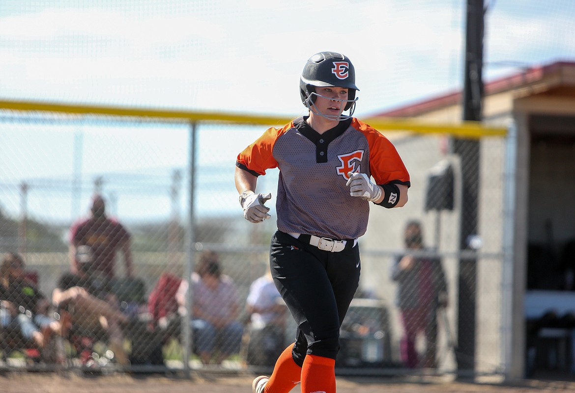 Ephrata senior Jocelyn Eisen heads toward first base after being walked at the plate in the 3-0 win for the Tigers against Moses Lake High School on Tuesday.