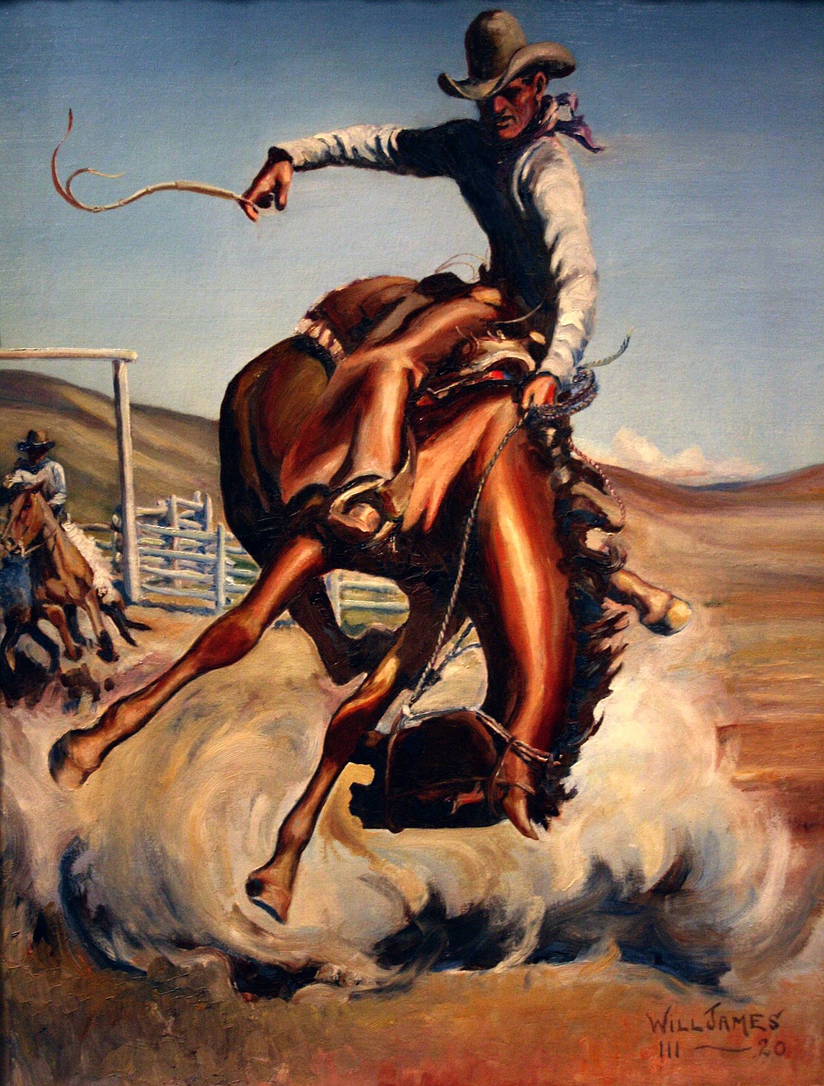 Painting of cowboy bronco busting by French-Canadian artist and American West writer Will James (1892-1942).