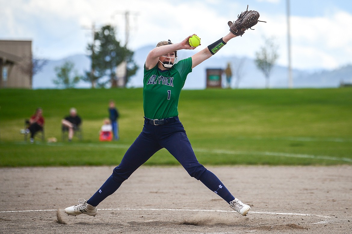 Glacier pitcher Kynzie Mohl (1) delivers during a crosstown matchup with Flathead at Glacier High School on Thursday. (Casey Kreider/Daily Inter Lake)