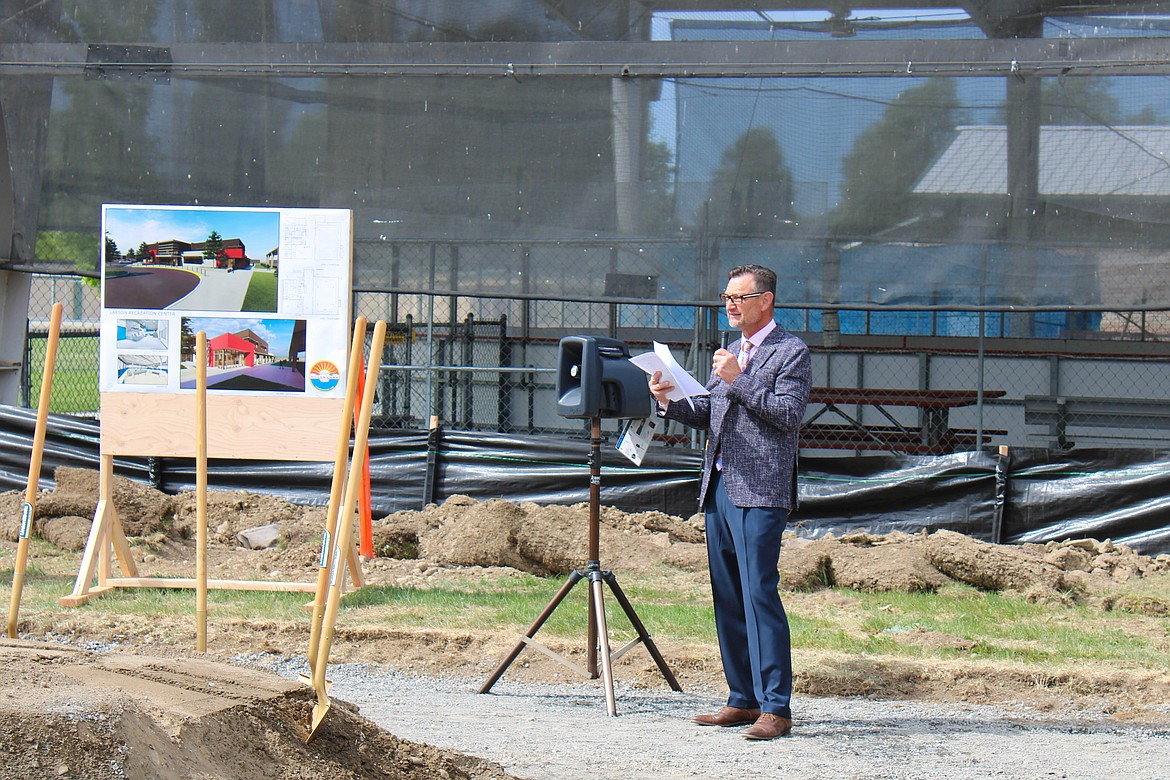 Moses Lake Mayor David Curnel gives a speech at the groundbreaking ceremony for the new Larson Recreation Center on Wednesday.