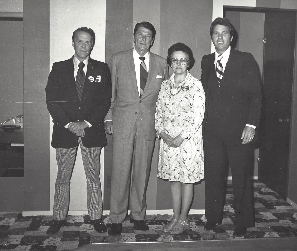 Ruthie Johnson, the "Grand Dame" of North Idaho Republicans, overcame great poverty at a young age to grow up and become friends with prominent Republican leaders and presidents. She died Wednesday. Pictured about 1986, from left: Ruthie's husband Wayne Johnson, President Ronald Reagan, Ruthie and U.S. Sen. Steve Symms.
