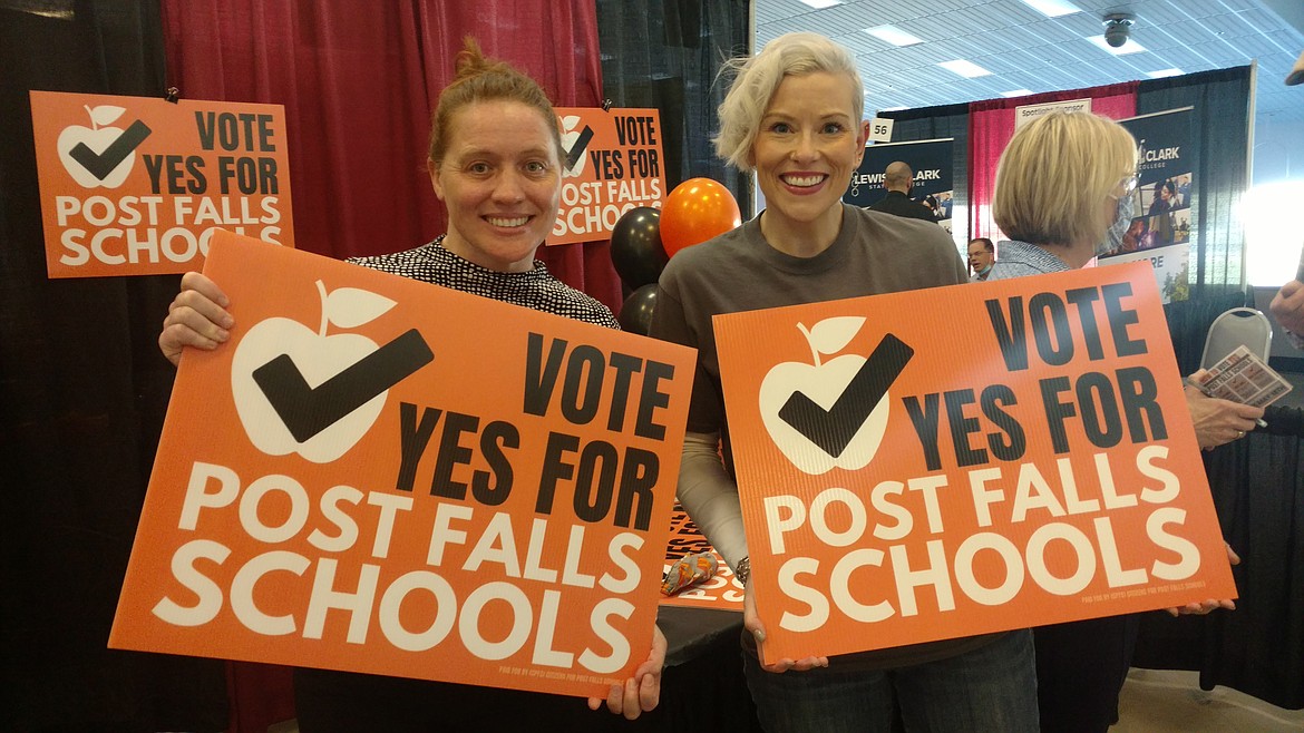 Teresa Borrenpohl, left, and Karen Lauritzen are two coordinators for Citizens for Post Falls Schools, a grassroots nonprofit that will send volunteers out this weekend to remind residents to vote for the school levy on Tuesday.